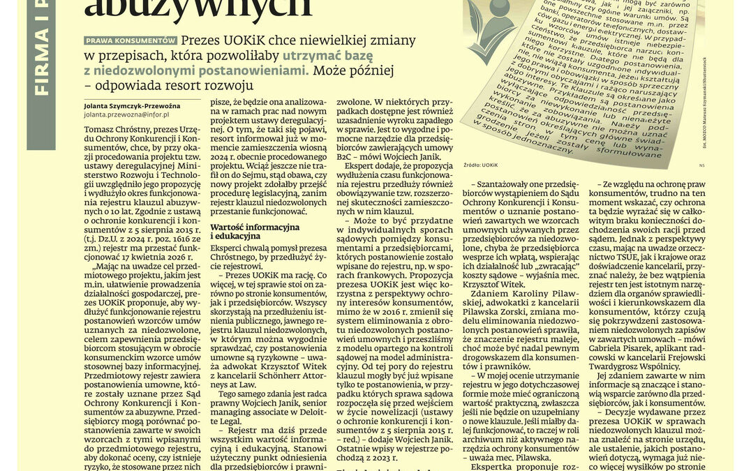 Rejestr klauzul niedozwolonych na kolejne 10 lat? – komentarz adw. Karoliny Pilawskiej dla Dziennika Gazety Prawnej